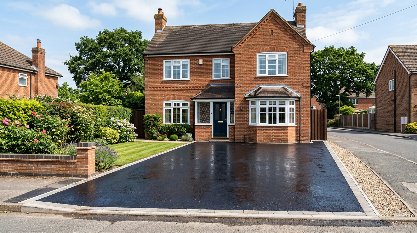 UK detached home with a freshly seal-coated black driveway